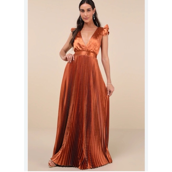 Lulus Elegant Copper Pleated Maxi Dress Sz 2X - Picture 5 of 5